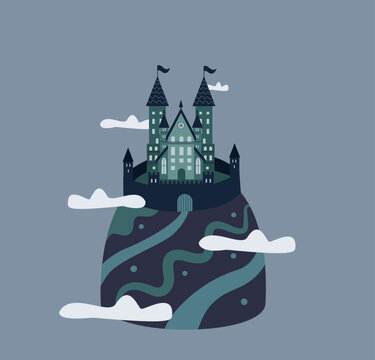  Fairy Tale Castle on Mountain Cliff &ndash; Fantasy Medieval Kingdom Vector Illustration 