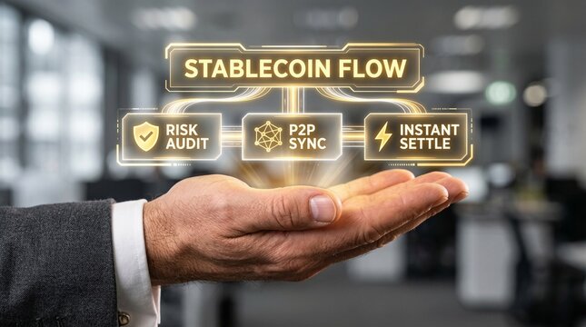 Businessman presenting stablecoin flow concept with risk audit and instant settle