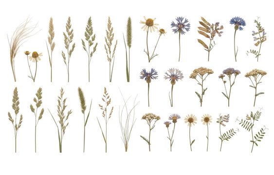 Selection of wild meadow flowers and dried grasses featuring cornflowers chamomile and yarrow isolated on transparent background