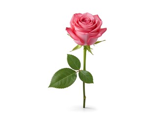 Fototapeta premium A single perfect pink rose with green leaves isolated on a pure white background