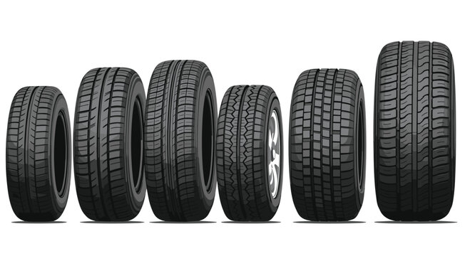 Six distinct black vehicle tires with unique tread patterns are arranged horizontally on a white background, one featuring a silver wheel rim.