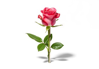 Fototapeta premium A single vibrant pink rose with green leaves stands tall on a white background