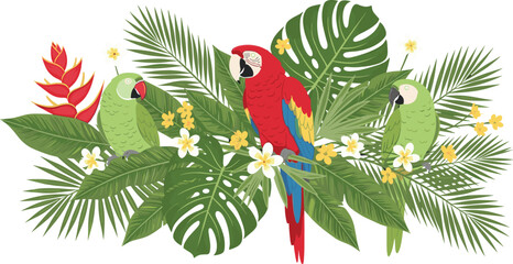 Tropical parrots vector illustration with macaw and green parrots among jungle leaves and flowers, exotic rainforest birds composition, vibrant nature wildlife design © MstSanoara