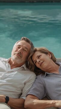 Vertical video: Relaxing senior couple reclining poolside, wearing white shirt and patterned blouse