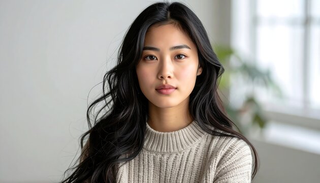Portrait of a beautiful young Asian woman with long black hair and a cream sweater against a blurry background