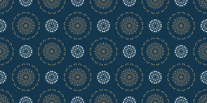 Luxury dark blue and gold oriental floral seamless pattern. Simple elegant background texture with flowers, stars, tiles. Repeated design for decor, print, textile, wallpaper, fabric, cover, paper