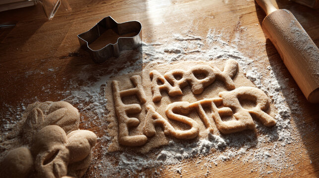 Happy Easter message formed by cookie dough, surrounded by baking ingredients and bunny shape cutter, celebrating the holiday