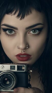 Vertical video: Framing vintage camera, woman holding it at face in studio, modeling for portrait