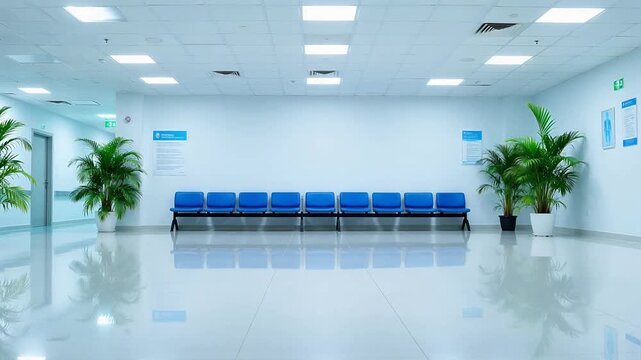 Empty waiting room with blue seats