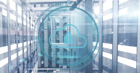 Glowing cloud security icon with padlock hovering over data center aisle, with server racks