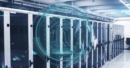 Dominating data center aisle, row of server racks showing fingerprint hologram and rolling chair