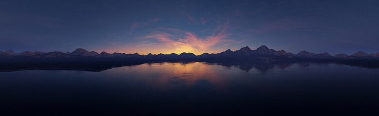 Fototapeta premium Sunset Over Mountain Lake Panorama With Reflective Water and Twilight Sky 3D Rendering