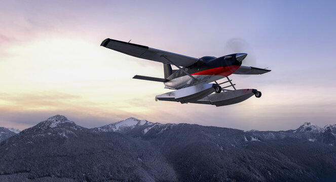 Seaplane Flying Over Snowy Mountains At Sunset &mdash; Floatplane 3D Rendering Adventure