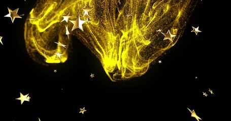 Fototapeta premium Glowing golden dust plume flowing across deep black field, with smaller plume and metallic stars