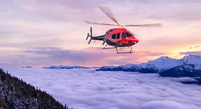 Red Helicopter Flying Over Cloud Inversion Above Snowy Mountains At Sunset &mdash; 3D Rendering