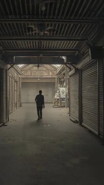 Vertical video: Walking adult male starting steady walk down market alley by shutters in dark shirt