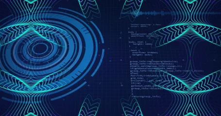 Canvas schilderij Fietsen Animating holographic UI on load, cycling HUD rings, ribbon on navy grid with code for data  © vectorfusionart