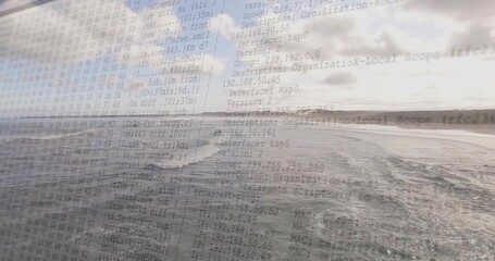 Obraz premium Showing coastal scene, choppy wake heading toward horizon at waterline, with overlay of IP logs