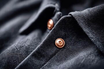 Close-up shot of a stylish dark denim shirt featuring copper button details, showcasing the texture of the fabric and the unique design elements of the garment.