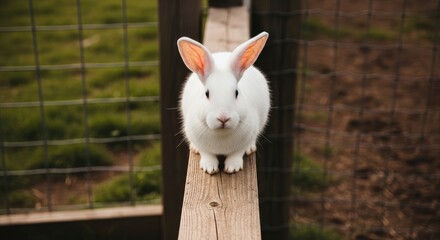 Obraz premium White rabbit with orange ears sitting on a wooden fence in a grassy outdoor area grassy area
