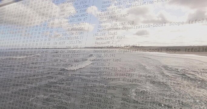 Showing coastal scene, choppy wake heading toward horizon at waterline, with overlay of IP logs