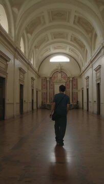 Vertical video: Entering ornate hall, walking adult man with sling bag in blue tee moving to alcove