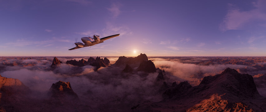 Twin-Engine Plane Flying Over Misty Mountain Range At Sunset &mdash; Aerial Adventure 3D Rendering