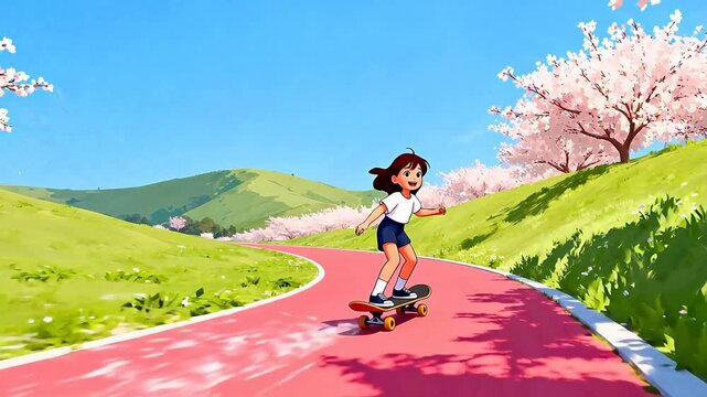 Girl skateboarding on path with cherry blossoms