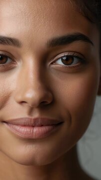 Vertical video: Posing woman facing camera as camera capturing portrait in studio with catchlight
