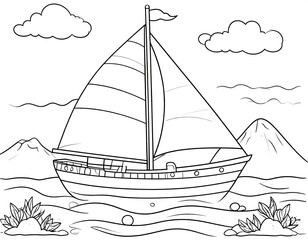 Sailboat on the Water with Mountains and Clouds in the Background.