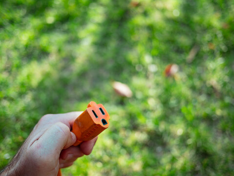 Hand holding an orange extension cord over a green lawn