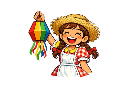 Joyful Brazilian girl holding colorful Festa Junina lantern