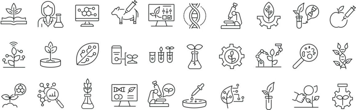Set of icons related to biotechnology, biochemistry, farming, science. Linear icon collection. Editable stroke. Vector