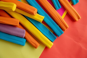 Fototapeta premium Colorful modeling clay sticks flat lay arrangement on colored paper creative craft concept top view