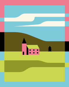 Serene Minimalist Countryside with Village Church