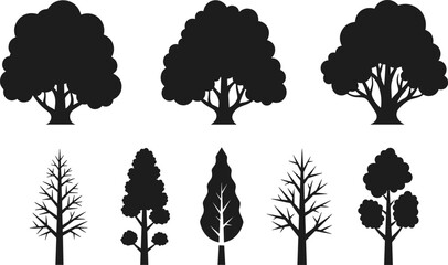 Fototapeta premium Tree Silhouette Set with Deciduous and Stylized Forest Trees, Black Botanical Icons Isolated on White Background