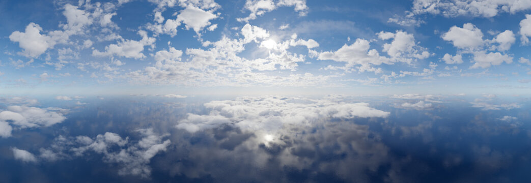 Panoramic Sky Over Ocean With Sunlit Clouds and Reflective Water &mdash; 3d Rendering