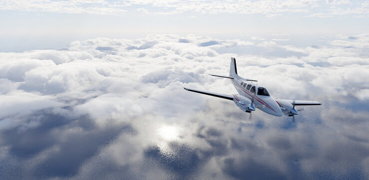 Private Twin-Engine Airplane Flying Above Fluffy Clouds Over Ocean &mdash; 3D Rendering
