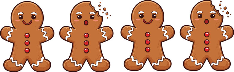 Obraz premium Four Cute Gingerbread Cookies with Icing and Red Buttons for Christmas and HolidayFour Cute Gingerbread Cookies with Icing and Red Buttons for Christmas and Holiday