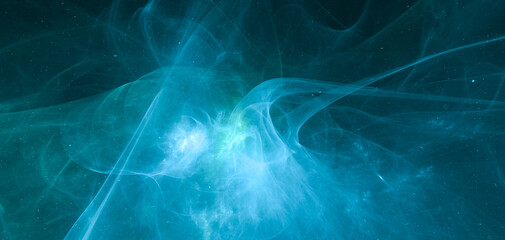 Abstract Blue Nebula 3D Rendering: Ethereal Teal Cosmic Energy Background With Flowing Light