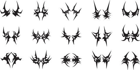 Cyber Sigil Neo Tribal Art Constructor Set. Y2K Aesthetic Symmetrical Gothic Tattoo Elements Vector Illustration