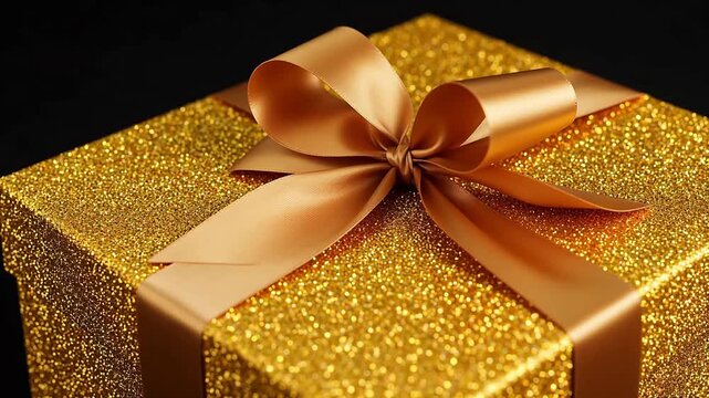 Golden glitter gift box with ribbon