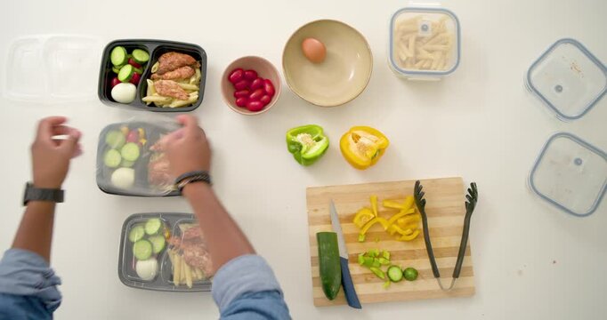 Home cook reaching into frame placing transparent lids and stacking meal boxes during food prep