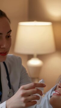 Vertical video: Leaning doc placing drop in scarf patient eye for care, steth whitecoat, copy space