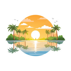 Sunset over tropical island with palm trees and water reflection