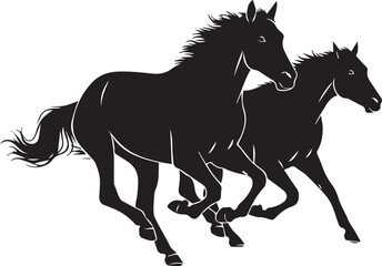 Two horses running vector silhouette illustration, dynamic movement, white line art detail © MDRAYHAN