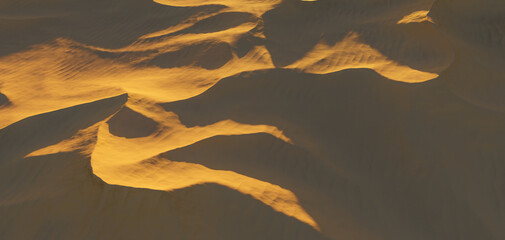 Golden Sand Dunes At Sunset Aerial View With Dramatic Shadows And Textured Desert Ridges 3D Rendering © edb3_16
