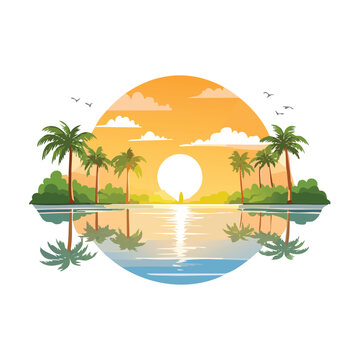 Sunset over tropical island with palm trees and water reflection