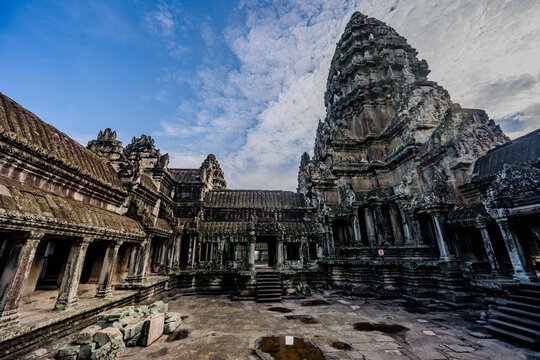 Ancient stone courtyard inside Angkor Wat temple complex