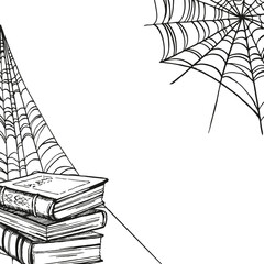 Naklejka premium monochrome vector mystic theme illustration, witchcraft antique books, folios, spider web, corner composition. frame, template, magic, black line art of wizard, hand drawn sketch of fairy tale